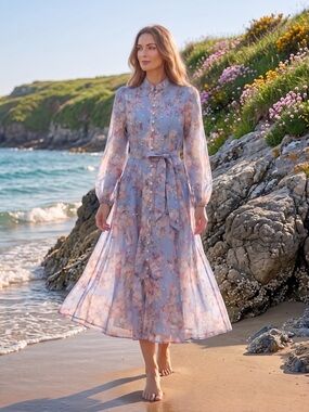 Sheer Floral Long-Sleeve Midi Dress in Light Blue small